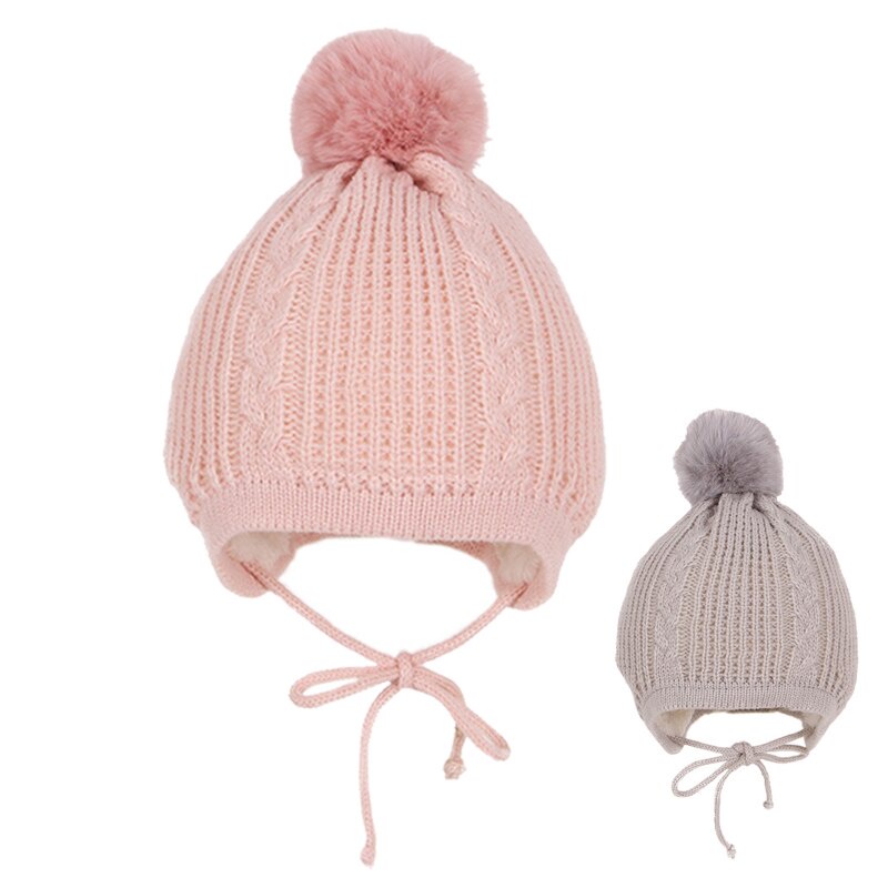 Mũ Beanie Đính Bóng Lông Nhân Tạo Dày Dặn Ấm Áp Màu Trơn Dễ Thương Cho Bé