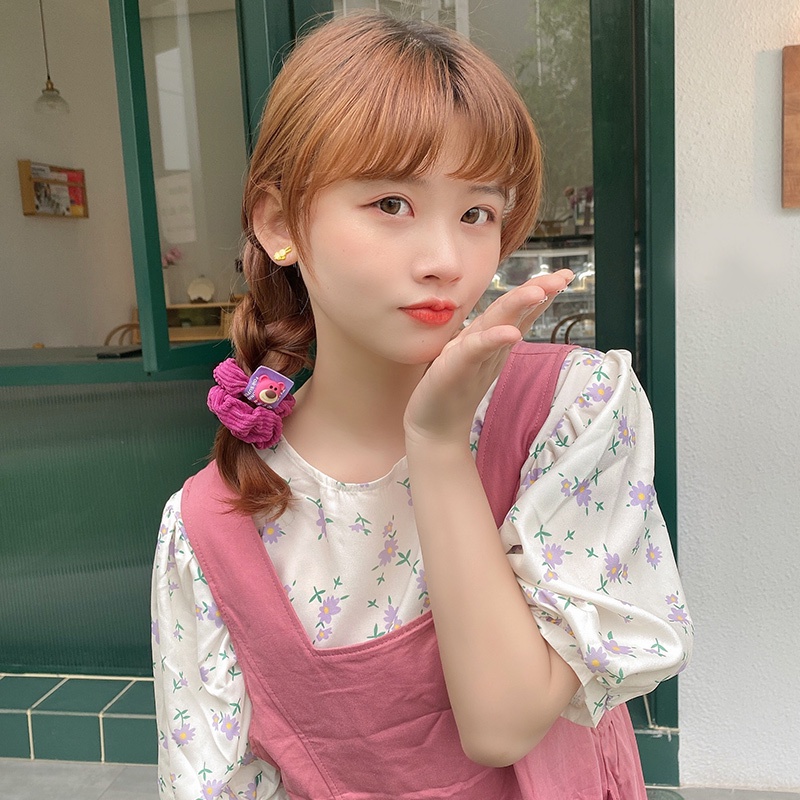 Dây Buộc Tóc Vải Nhung Họa Tiết Gấu Dâu Tây Dễ Thương Phong Cách Hàn Quốc Cho Nữ