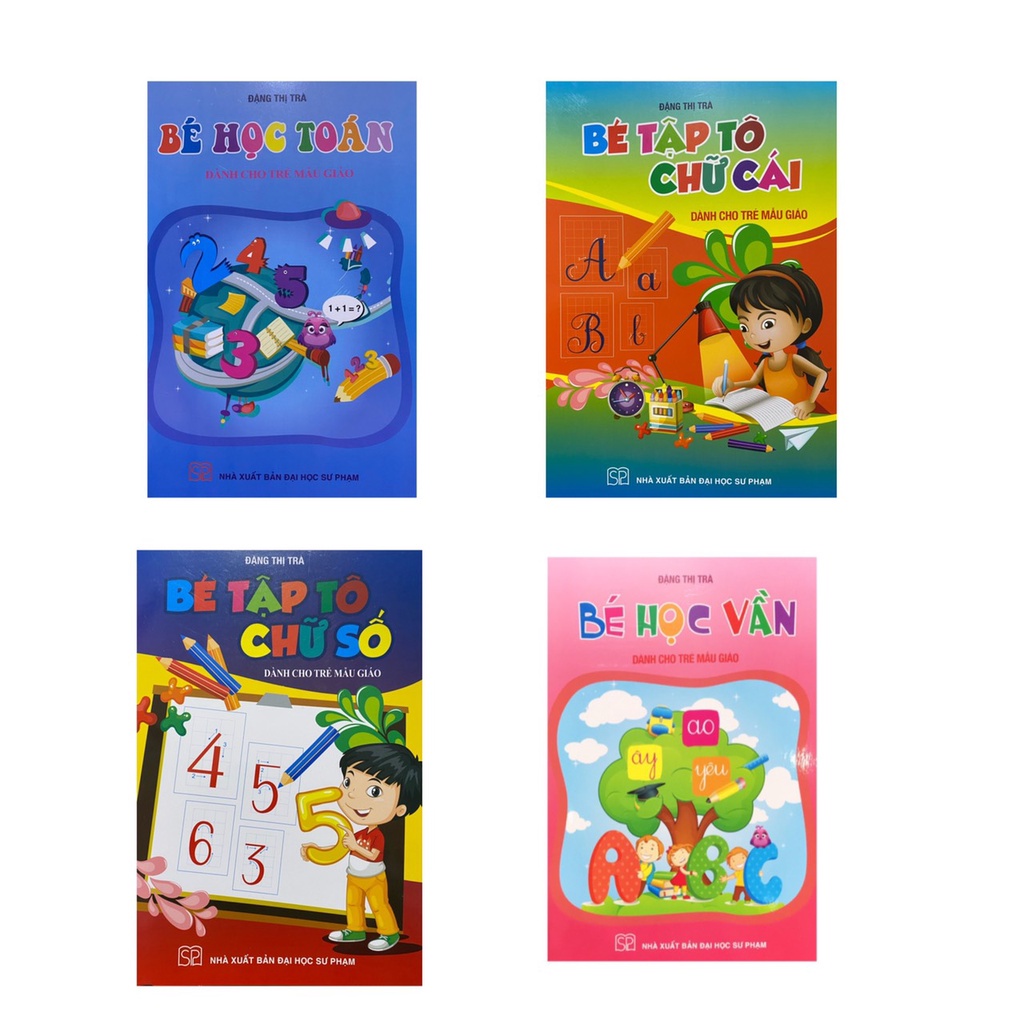 Sách - Combo 4 cuốn, Bé tập tô chữ số + Bé tập tô chữ cái + bé học toán +bé học vần ( Dành cho trẻ mẫu giáo )