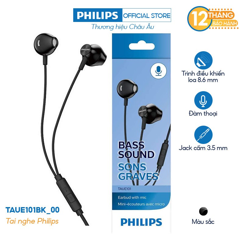 Tai nghe Philips TAUE101BK/00, màu đen, có mic, Chính hãng phân phối
