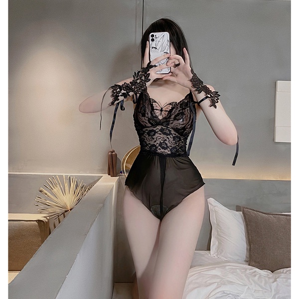 Đồ ngủ sexy nữ ren phối hoa xuyến thấu quyến rũ bodysuit liền thân xẻ đáy gợi cảm / không kèm găng tay BIKI HOUSE N104