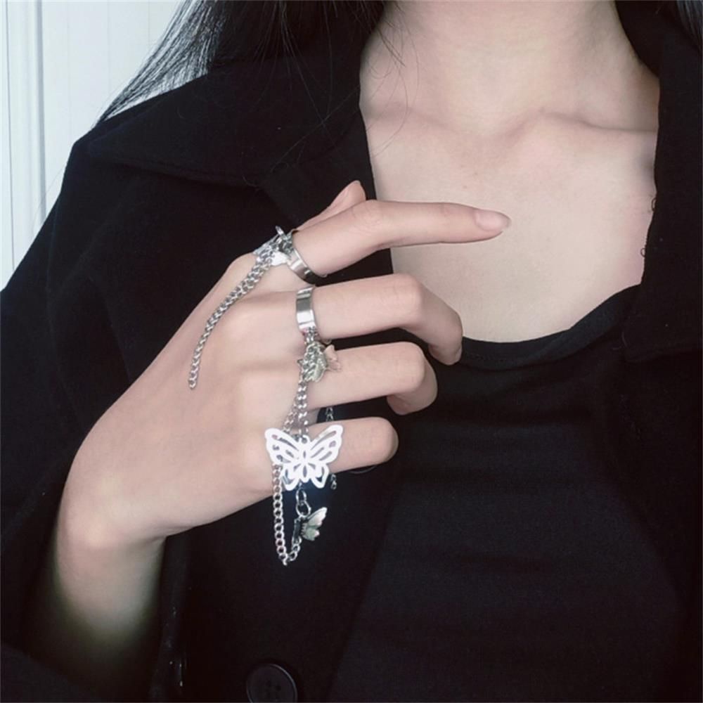 Nhẫn đeo tay 3 kiểu tùy chọn phối sợi xích và bướm phong cách harajuku cho nam và nữ