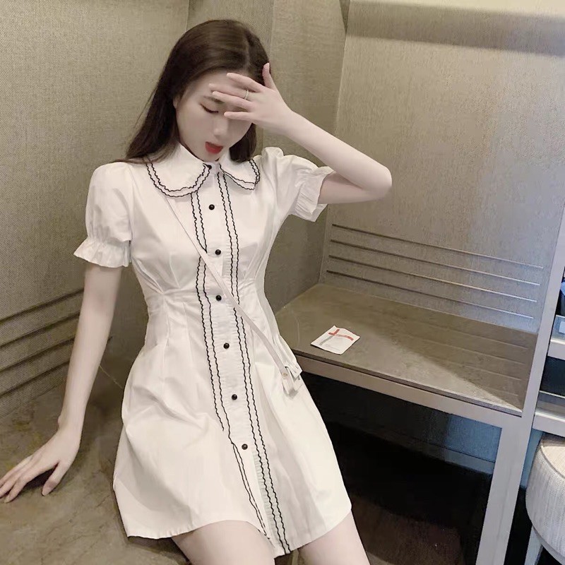 Đầm Sơ Mi Trắng Cổ Bèo Viền Đen Nhún Eo