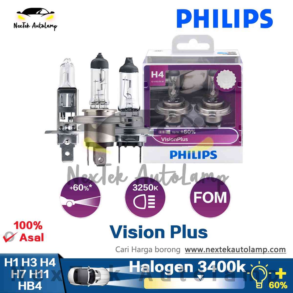 Philips Vision Plus H1 H3 H4 H7 H11 HB3 9005 HB4 9006 Độ sáng Halogen +60% Đèn Chùm Cao Thấp Cho Xe Hơi Bóng Đèn Pha Màu Vàng 3250K Wira Myvi Phụ Kiện Xe Hơi