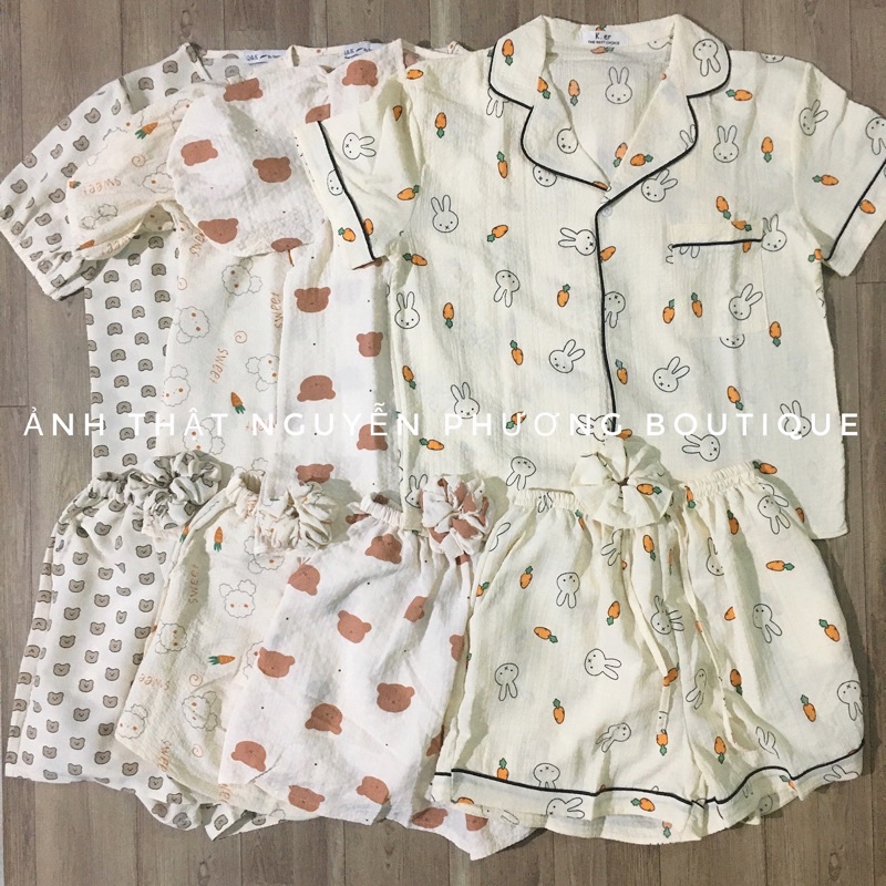 Bộ đồ ngủ pyjama vải xốp mát nhiều hình dễ thương bộ ngủ ulzzang kèm chun buộc tóc xinh