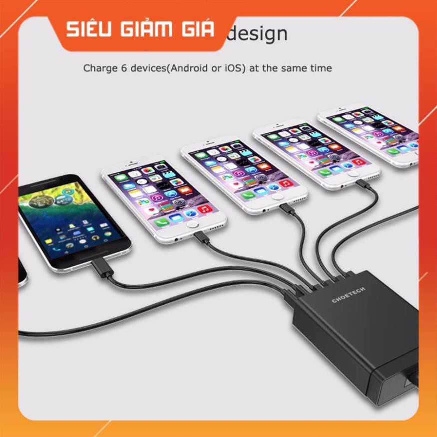 Cóc củ sạc nhanh 55W 4 cổng USB & 2 cổng Type-C hiệu CHOETECH TC42C cho điện thoại / máy tính bảng - Hàng chính hãng
