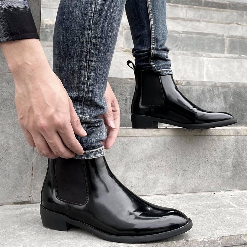 Giày Chelsea Boots Nam Da Bóng Đế Cao Su tăng chiều cao