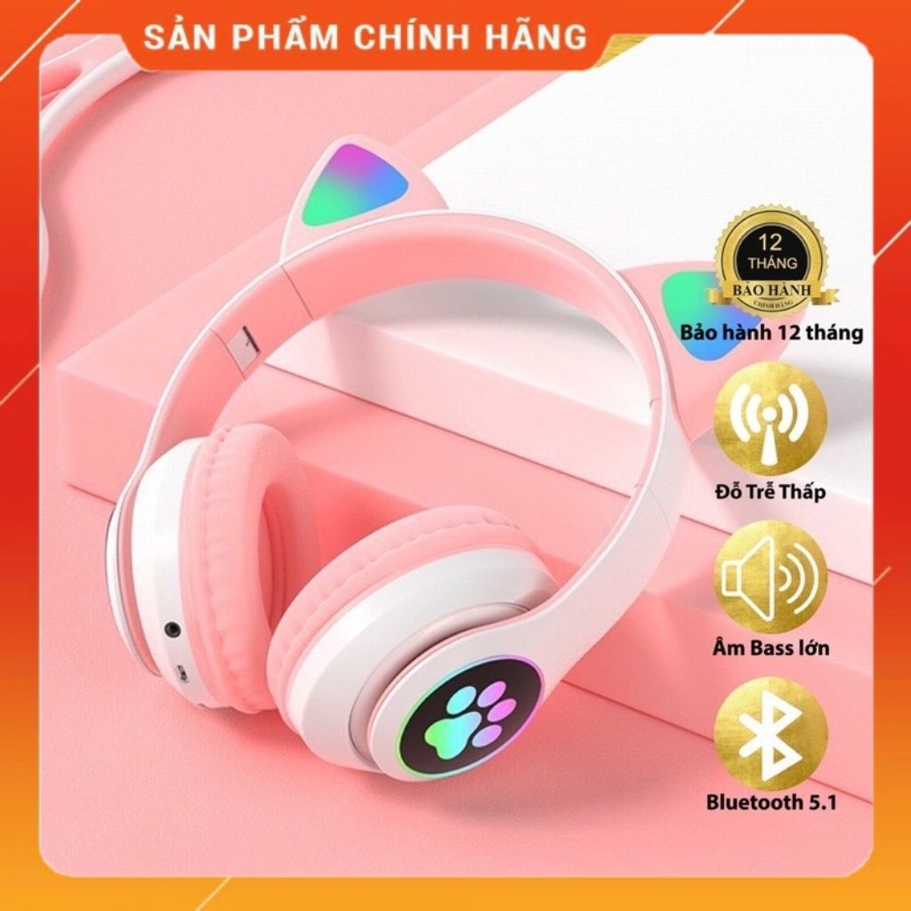 Tai Nghe Bluetooth,tai nghe Headphone Tai Mèo Dễ Thương Có Mic Âm Bass Mạnh Mẽ Bảo Hành 3 T