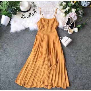 [Ảnh thật] - 💥💥💥Đầm maxi vàng dập ly 2 dây đan lưng (W175)
