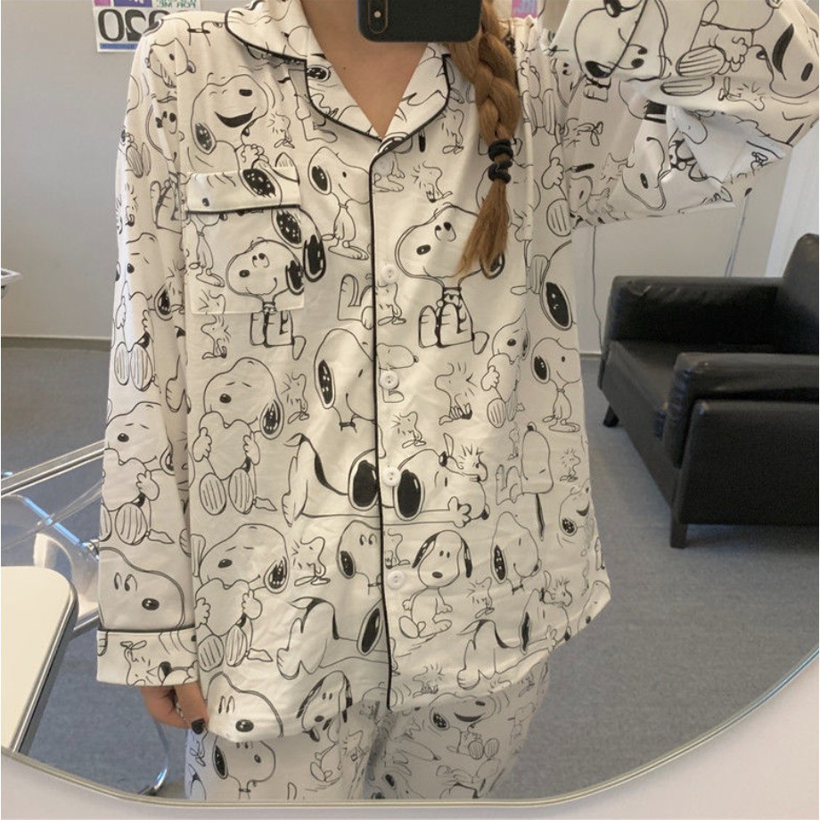 Bộ đồ ngủ tay dài họa tiết đốm bò sữa độc đáo dành cho nữ