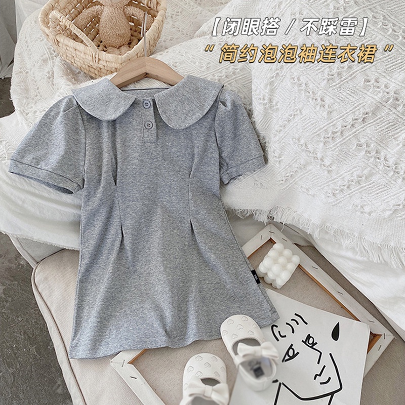 Đầm Cotton Ngắn Tay Cổ Búp Bê Phong Cách Hàn Quốc Cho Bé Gái