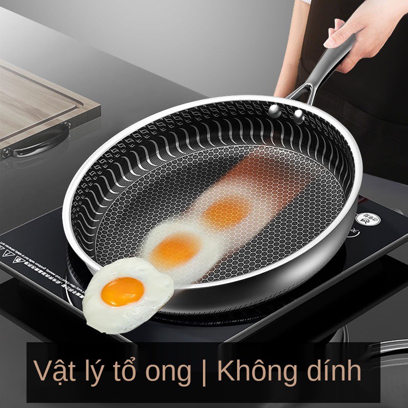 №❖◊Chảo inox 304 Aodeshi gia dụng chống dính đáy phẳng không tráng phủ bếp từ gas phổ thông