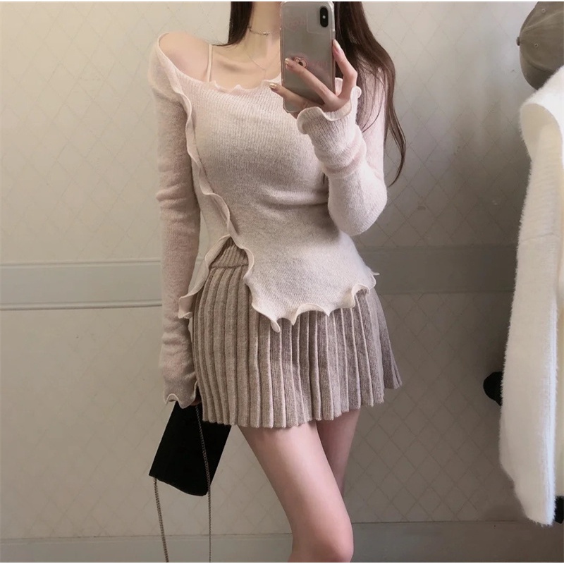 áo thun tay dài chất liệu lông ngựa và chân váy xếp ly cỡ nhỏ màu trơn ngọt ngào dành cho nữ