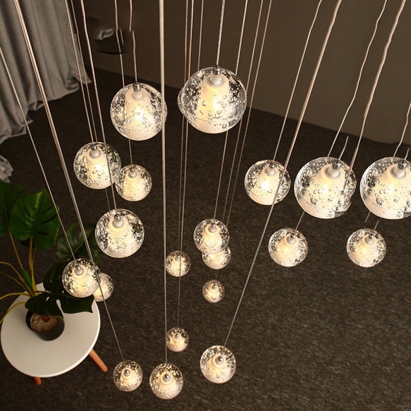 Đèn thông tầng, đèn thả cầu thang 40 trái cầu Thuỷ tinh phale mâm 80cm dây thả 4-10m