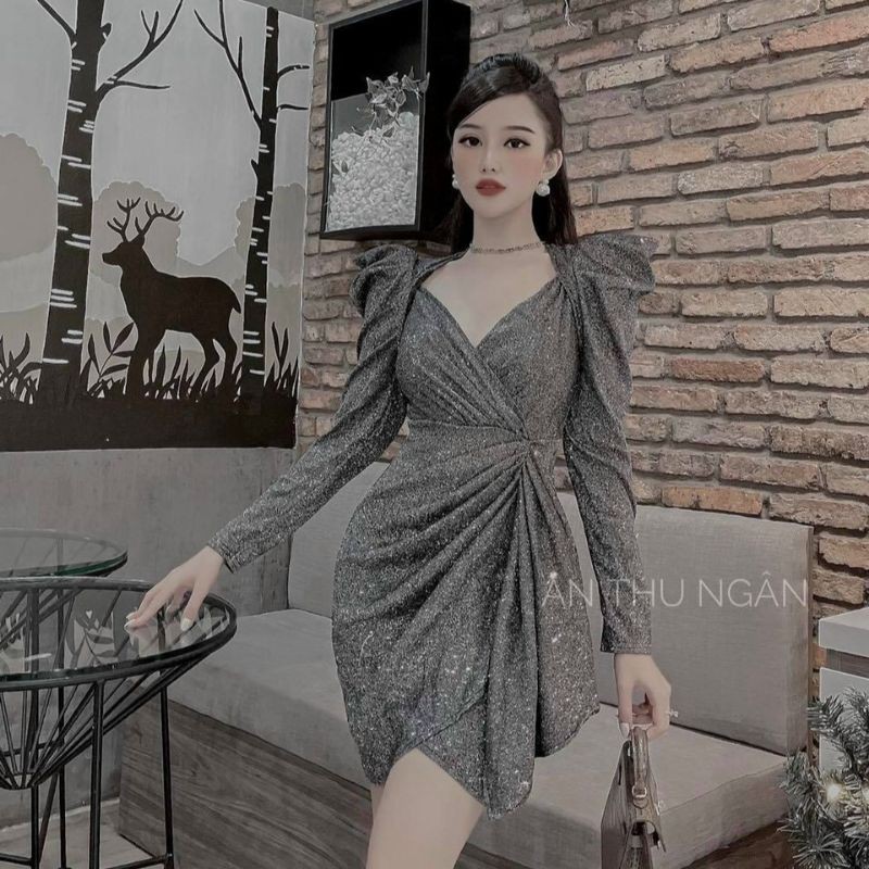 VÁY BODY NHŨ KIM TUYẾN DỰ TIỆC ( SIZE S-M-L-XL) EO XẾP BÈO KIỂU TAY DÀI HÀNG THIẾT KẾ | BigBuy360 - bigbuy360.vn