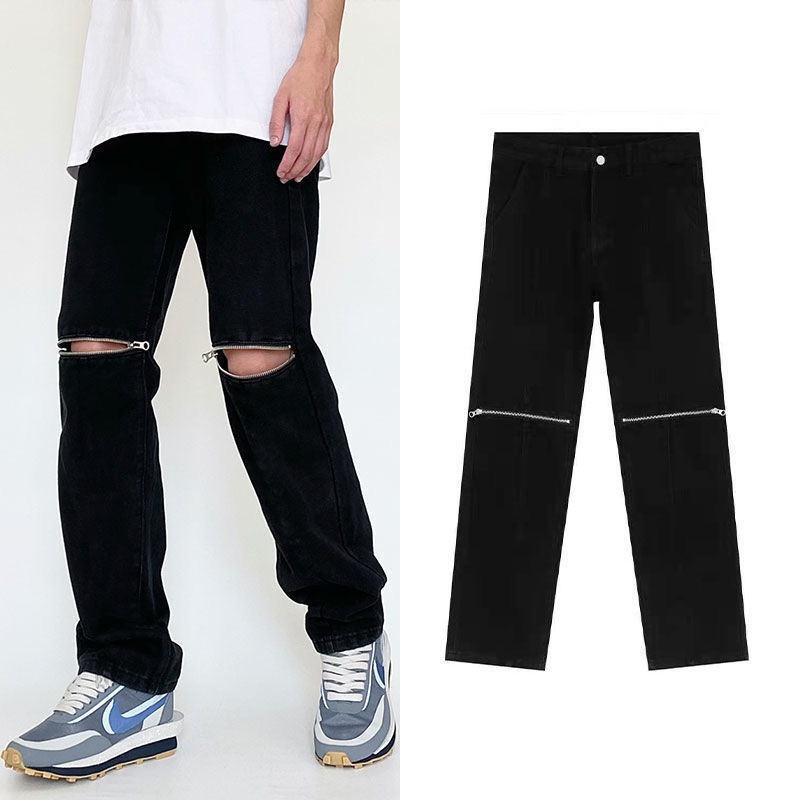 Quần jeans Rách Gối Màu Đen Phối Dây Kéo Phong Cách Âu Mỹ Cổ Điển Cho Nam