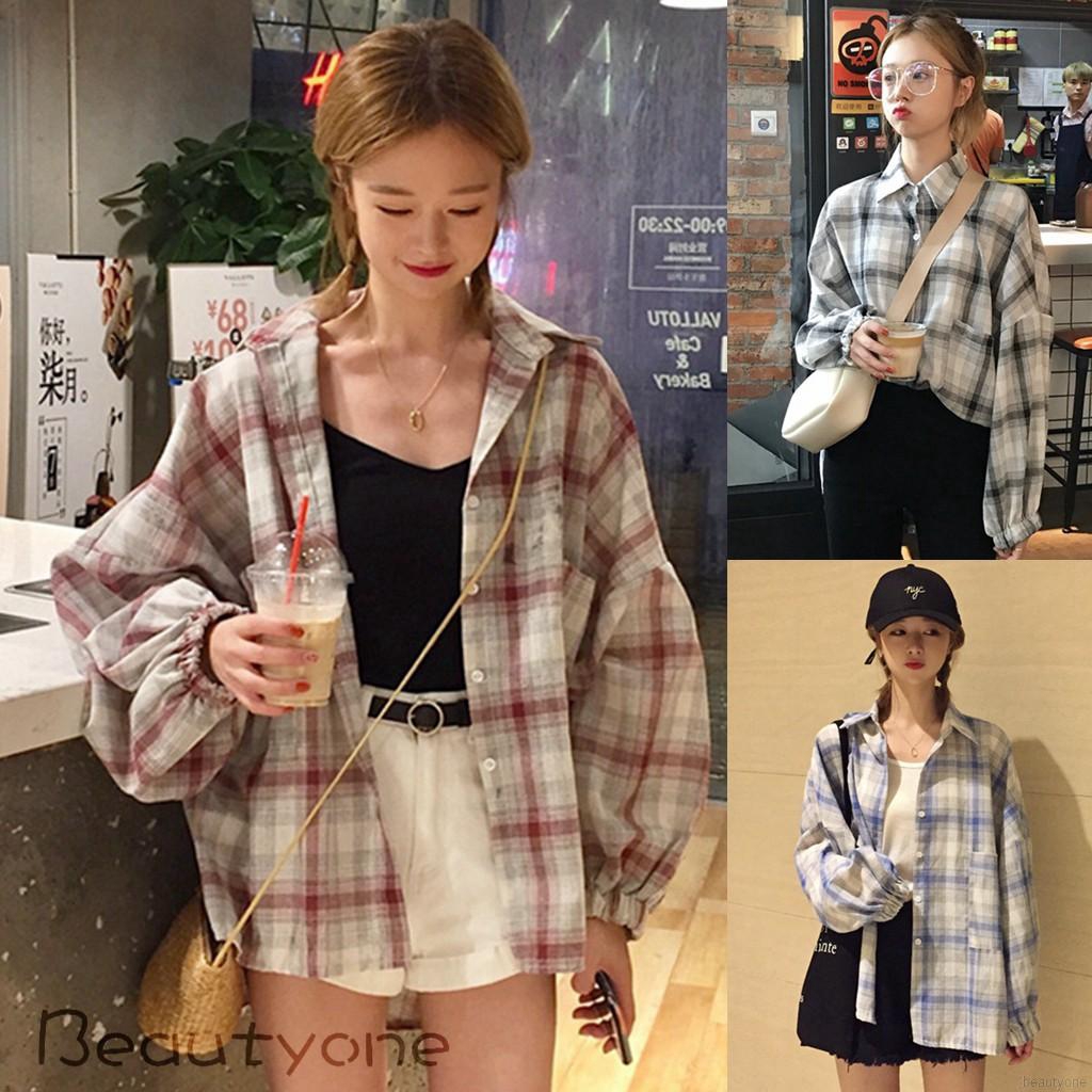 Áo sơ mi tay bồng phối họa tiết kẻ sọc ca rô thời trang cho nữ