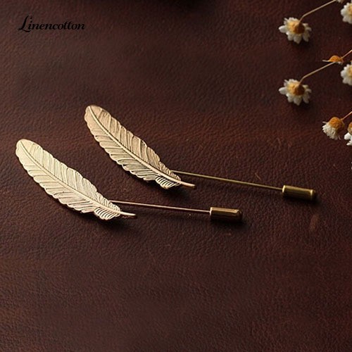 Men Retro Golden Leaf Feather Brooch Pins Collar Suit Stick Breastpin Lapel Pin