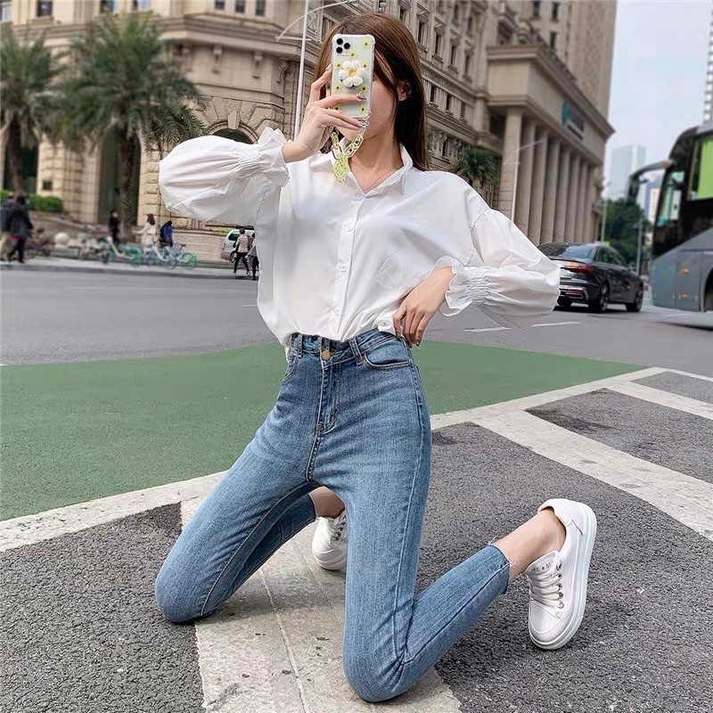 Quần jean ôm nữ màu xanh đá bụi, quần bò nữ was lưng cao quảng châu hack chân