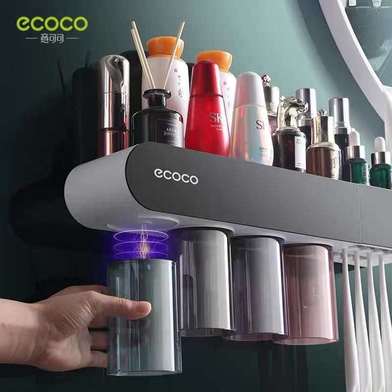 Kệ nhả kem 4 cốc ECOCO, cắm bàn chải, kệ để đồ có ngăn kéo từ tính không khoan tường mẫu mới 2022 |Kệ nhà tắm thông minh