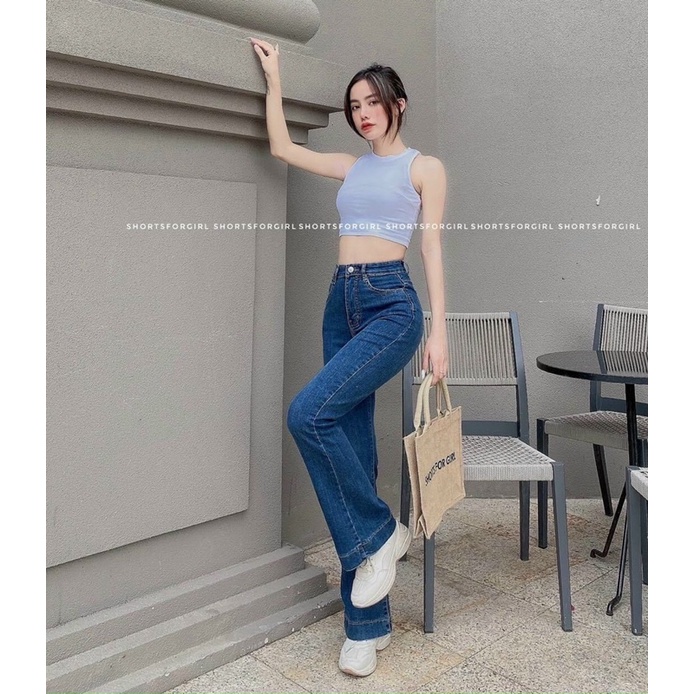 Quần jean ống loe màu xanh trơn cổ điển cbs864