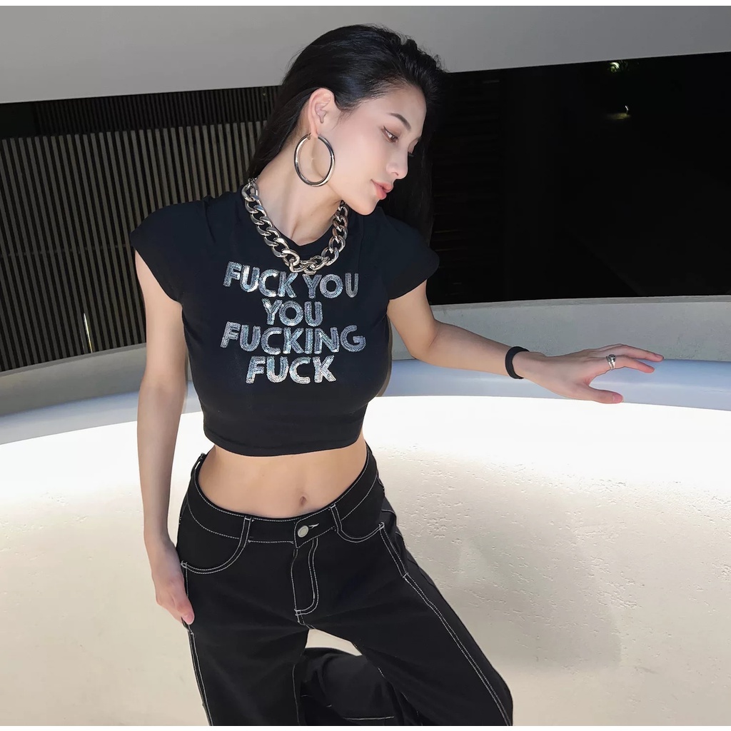 Áo thun MMIOT ngắn tay in họa tiết chữ đính kim sa thời trang cá tính