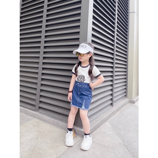 [SET BÉ GÁI] Bộ áo thêu hoa hồng chân váy jean cho bé gái(8-28kg)