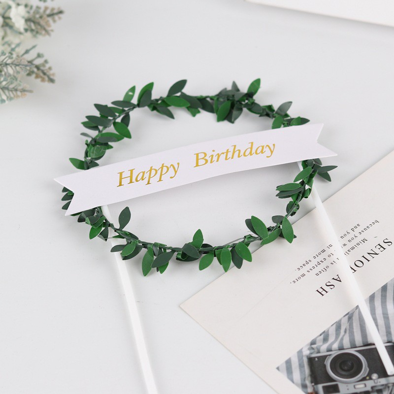 Que Cắm Vòng Hoa Lá Happy Birthday trang trí bánh kem, phụ kiện bánh sinh nhật