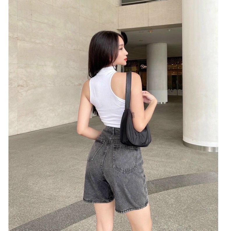 Quần jean ngố nữ rách cạnh sườn lưng cao, vải jean denim không co dãn bền đẹp - kameco