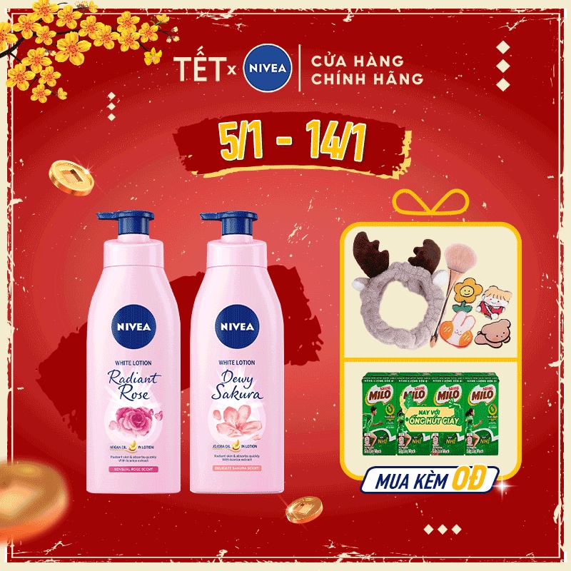 Bộ đôi Sữa dưỡng thể dưỡng trắng NIVEA hương hoa Hồng &amp; Sakura (350ml/chai)