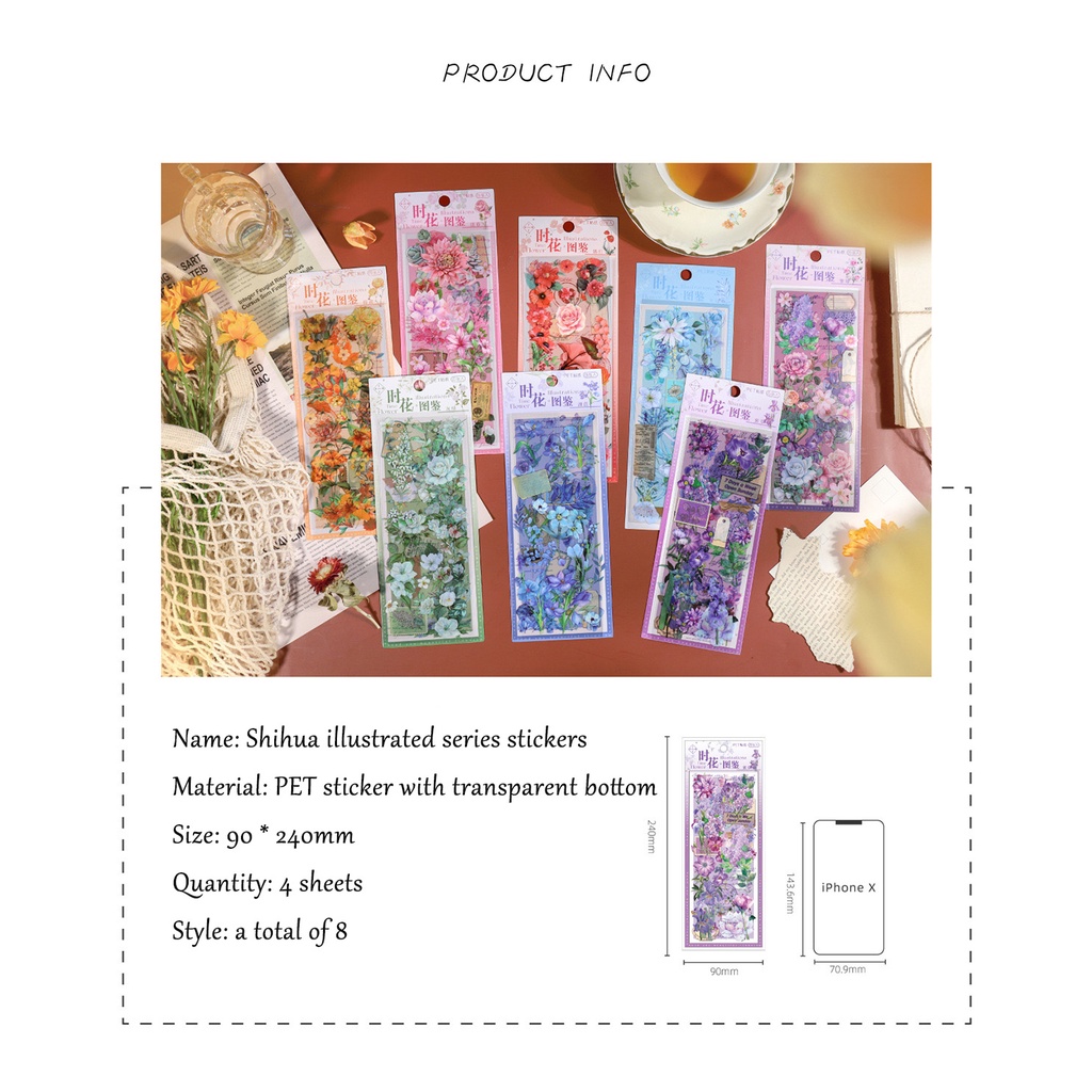 Bộ 4 Tấm Sticker PET Trong Suốt Họa Tiết Hoa Dùng Trang Trí Sổ Tay Phong Cách Vintage