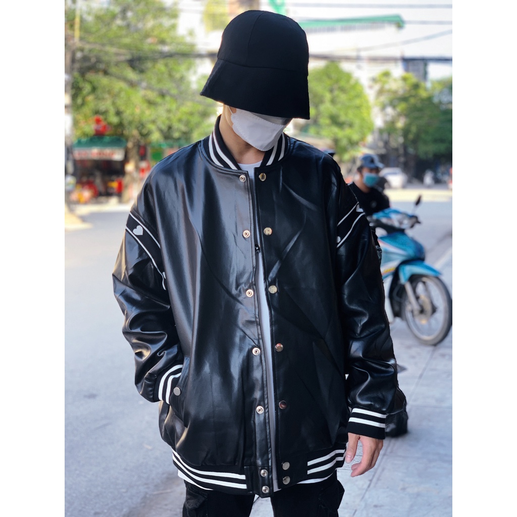 Áo varsity da màu đen tay trái tim - Bomber thu đông Unisex nam nữ - 97 Northside