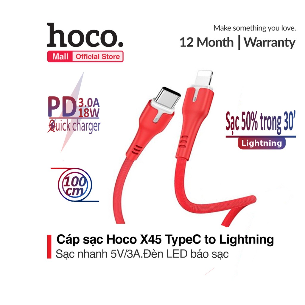 Cáp sạc iPhone HOCO X45 sạc nhanh 5V-3A (PD18W) và truyền dữ liệu cao từ Type-C đến Lightning sạc 50% trong 30'