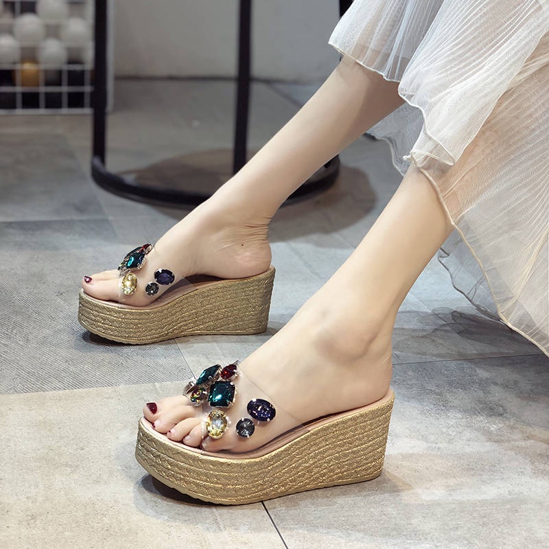 Dép Sandal Đế Xuồng Dày Quai Trong Suốt Đính Đá Dễ Phối Đồ Thời Trang Mới