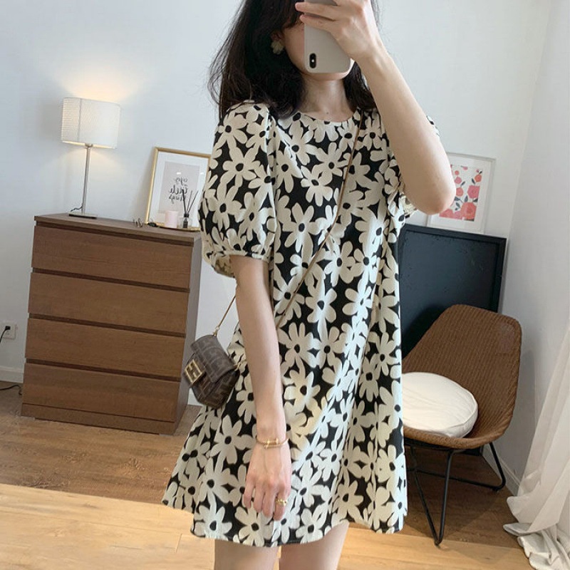 Linki ❀ Đầm Tay Ngắn Hoạ Tiết In Thiết Kế Dáng Rộng Phong Cách Hàn Quốc