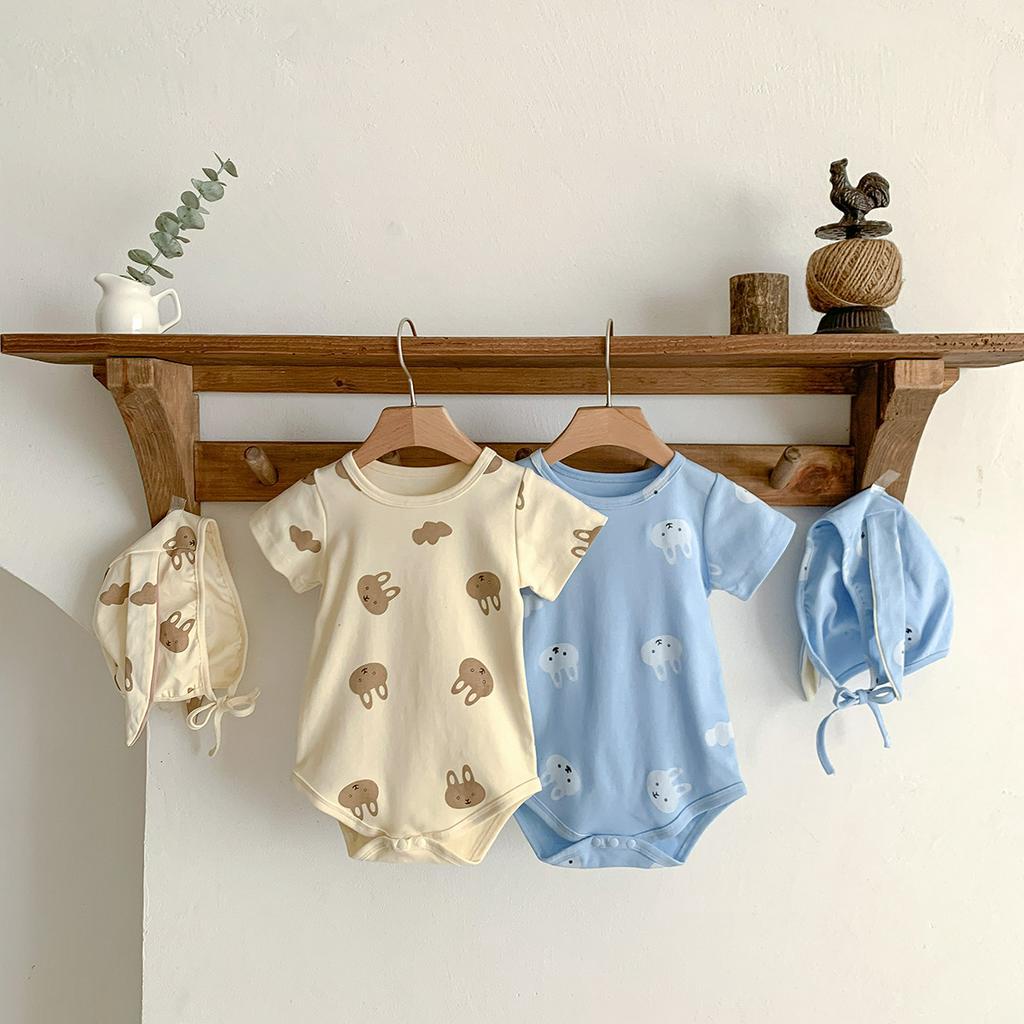 Bộ Áo Liền Quần Tam Giác Tay Ngắn In Hình Thỏ Nhỏ Toàn Diện Kèm Nón Thời Trang Mùa Hè Mới Cho Bé Trai Và Gái