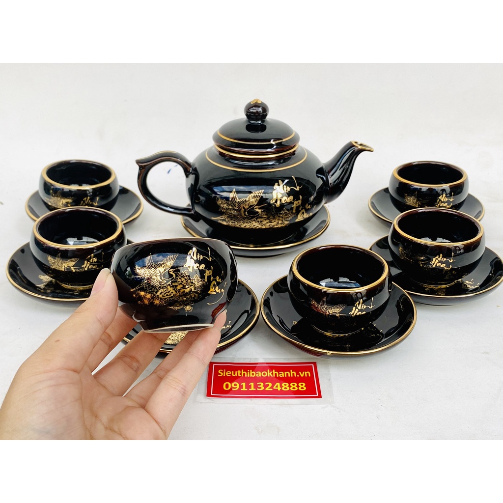 Bộ ấm chén men đen họa tiết Vinh Hoa Phú Quý Bát Tràng 350ml