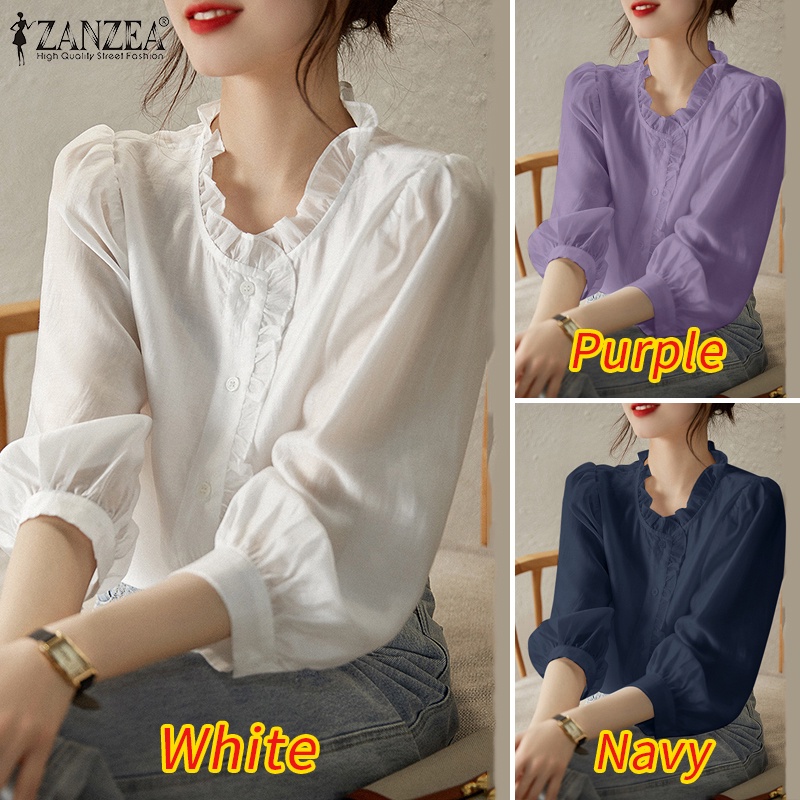 Áo kiểu ZANZEA cổ đứng dáng rộng màu trơn phong cách Hàn Quốc dành cho nữ