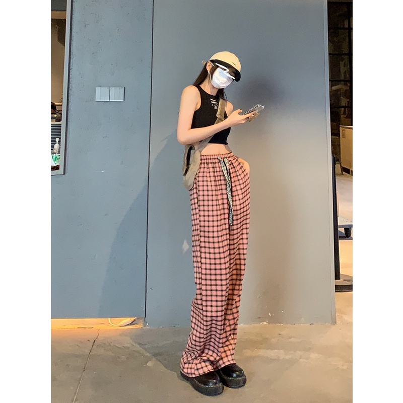 Quần Dài Lưng Cao Ống Rộng Họa Tiết Sọc Caro Phong Cách retro Hàn Quốc Thời Trang Cho Nữ