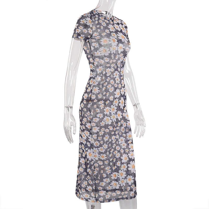 Đầm Tay Ngắn Cổ Tròn Phối Lưới In Họa Tiết Hoa Cúc Thời Trang Xinh Xắn Cho Nữ