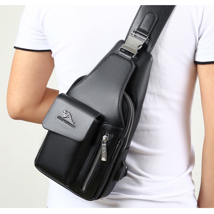 Túi Đeo Chéo Nam Thời Trang Hàn Quốc 5802 Da Pu Cao Cấp Bền Đẹp Chống Nước Có Cổng USB Lỗ Tai Nghe Nhiều Ngăn Tiện Lợi
