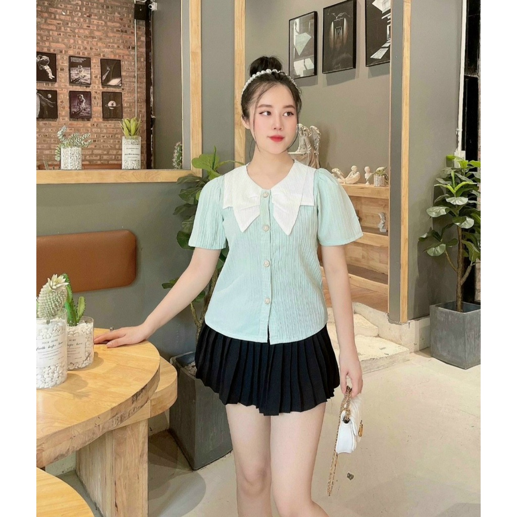 Áo Sơ Mi Voan Lụa Cổ Bẻ Màu Gài Nút Kèm Tay Ngắn Dễ Thương TTSLA0899