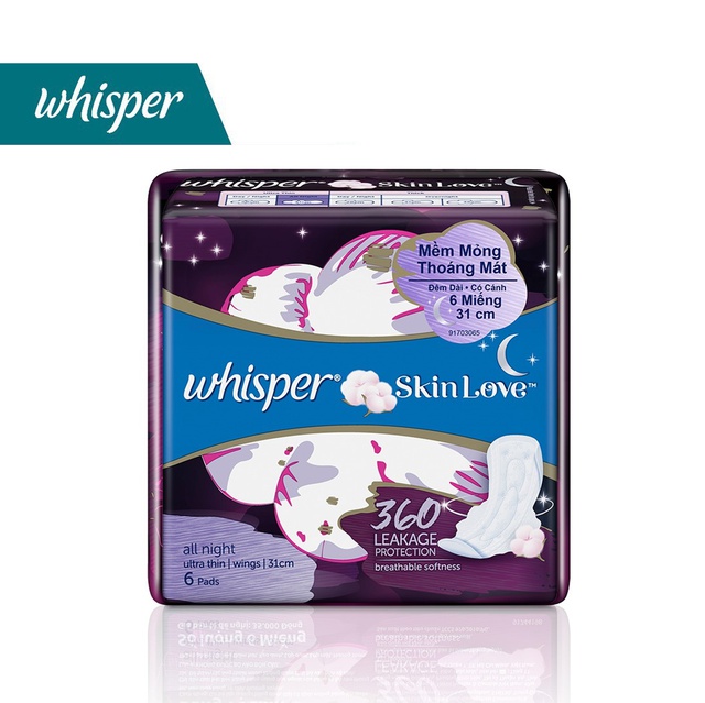 Băng vệ sinh Whisper Skinlove Đêm 31cm - Gói 6 miếng