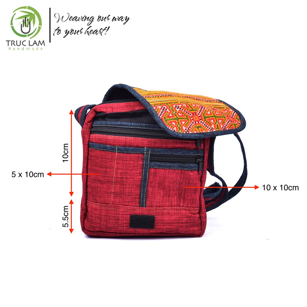 Túi Đeo Chéo Thời Trang Vải Gai Dày Phối Vải Thổ Cẩm Thêu Tay - Trúc Lâm Handmade