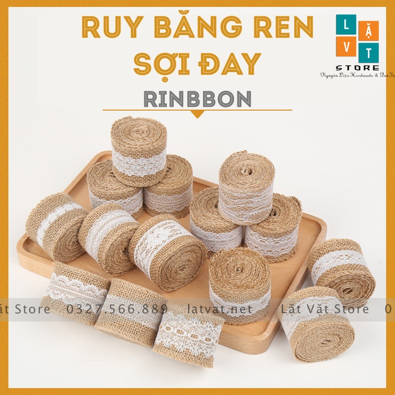 Ruy băng vải bố có ren trắng DIY trang trí, handmade, tiệc cưới, Giáng sinh làm từ sợi đay, ribbon Decor.