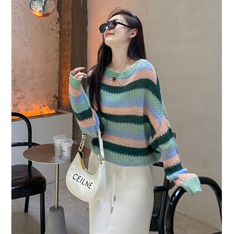 Áo Dệt Kim Chui Đầu Tay Dài Dáng Rộng Họa Tiết Kẻ Sọc Nhiều Màu Sắc Tương Phản Ngọt Ngào Thời Trang Mùa Thu Mới