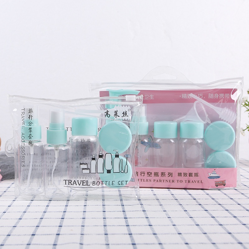 Bộ 7 món chiết mỹ phẩm xanh/hồng thuận tiện mang theo du lịch tặng kèm túi zip nhựa