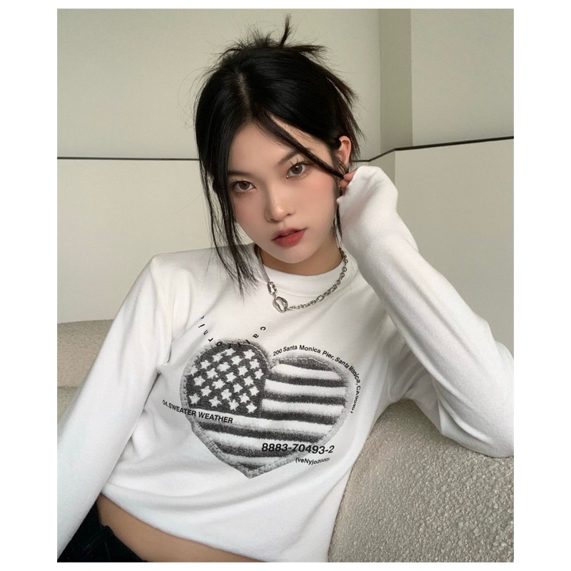 Áo thun lửng tay dài cổ tròn in họa tiết thời trang Hàn Quốc