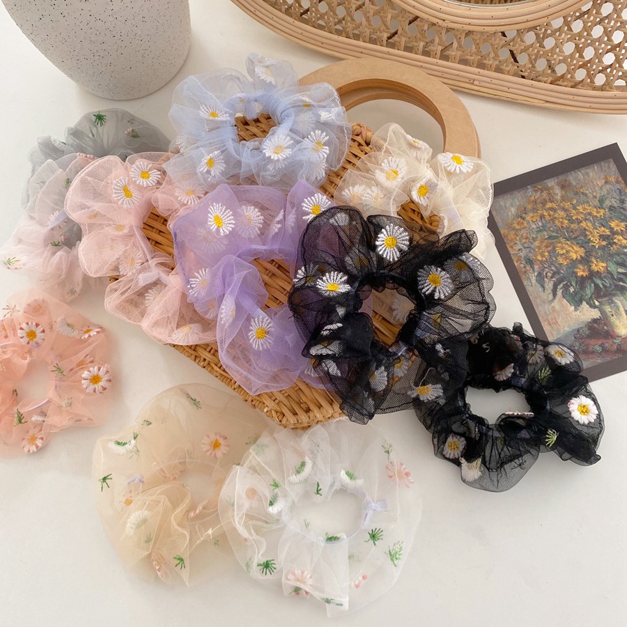 Scrunchies Cột Tóc Vải Voan Lưới Hoa Cúc Daisy và Lá Hot Trend Đáng Yêu