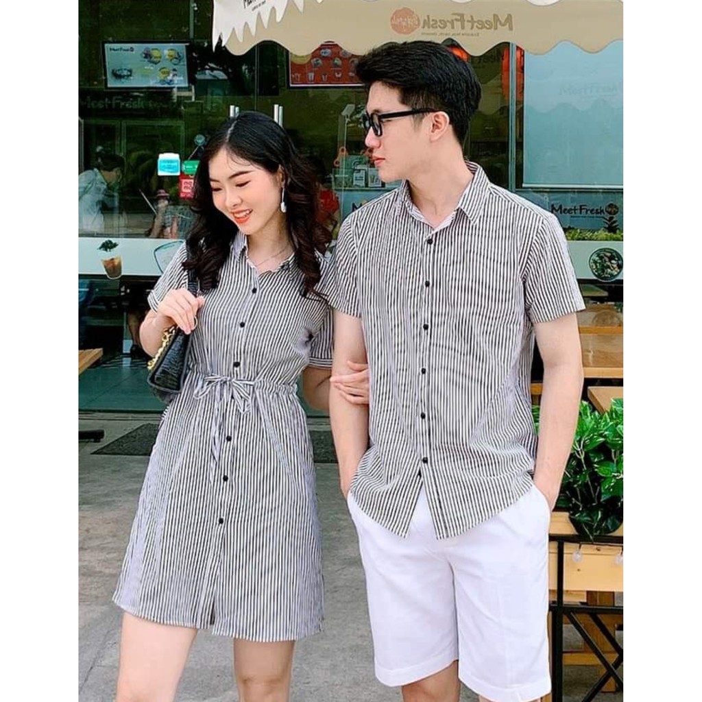 Áo đôi nam nữ ❤️FREESHIP❤️ Đồ đôi nam nữ váy sơ mi cặp kẻ sọc cột eo chụp ảnh du lịch AV42